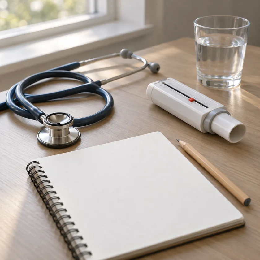 A stethoscope, a peak-flow meter, a blank diary and a glass of water on a clinic desk