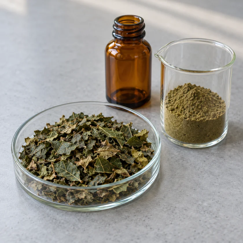 Crumbled dried ivy leaves in a glass dish next to an unlabelled amber bottle and a beaker of powdered extract