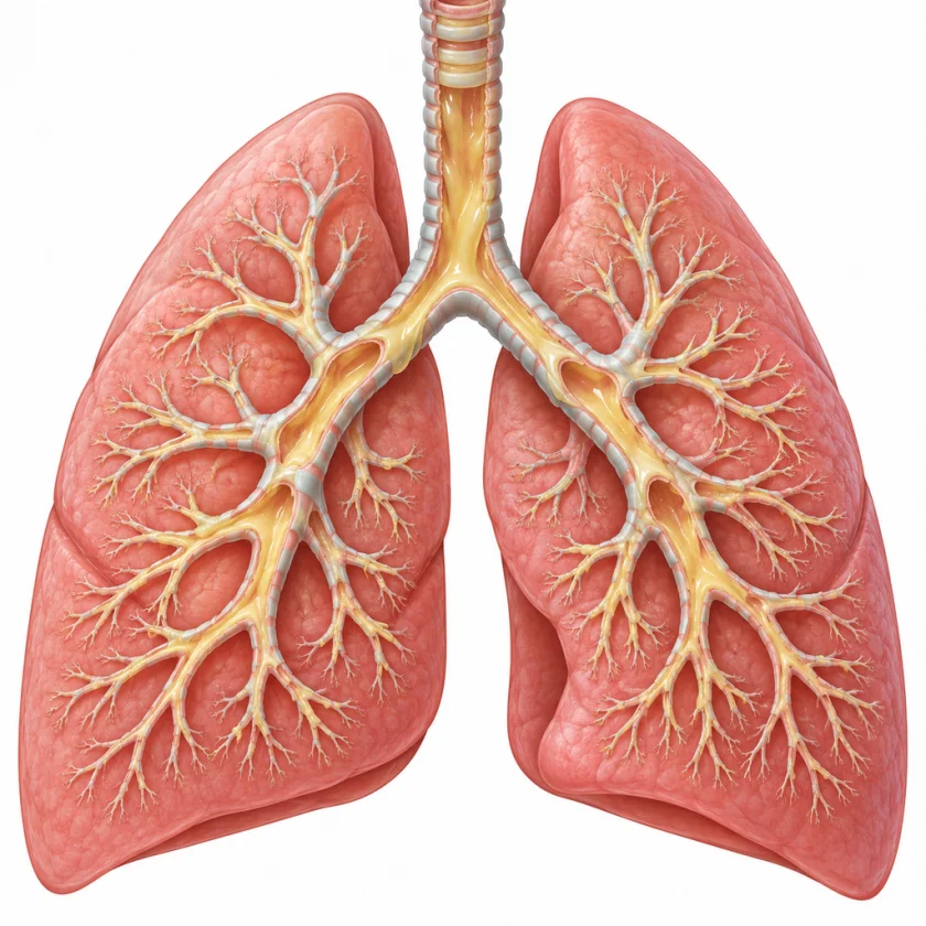 Illustration of the lungs and bronchial tree with a layer of mucus lining the larger airways