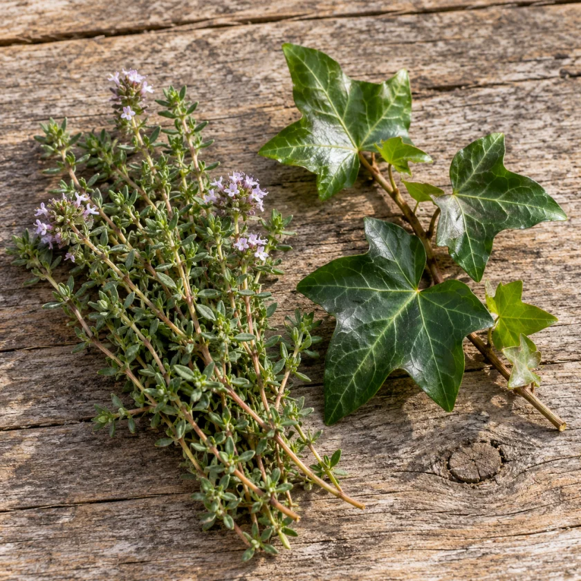 Fresh thyme sprigs with small grey-green leaves next to glossy lobed ivy leaves on a wooden board
