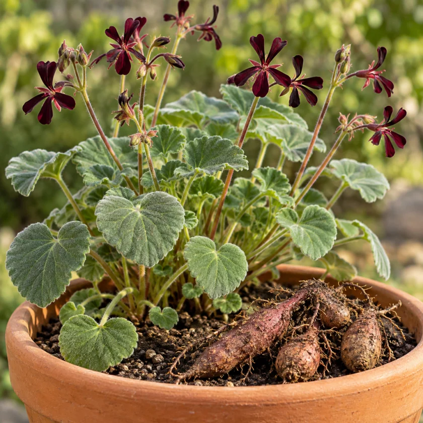 Potted Pelargonium sidoides with heart-shaped grey-green leaves, dark maroon flowers and reddish-brown roots beside it