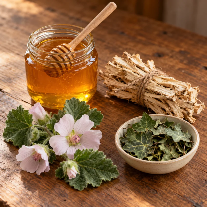 Honey jar with dipper, dried marshmallow root, pale pink marshmallow flowers and dried ivy leaves on a table