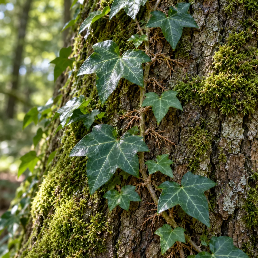 Glossy lobed ivy leaves with pale veins climbing a mossy tree trunk