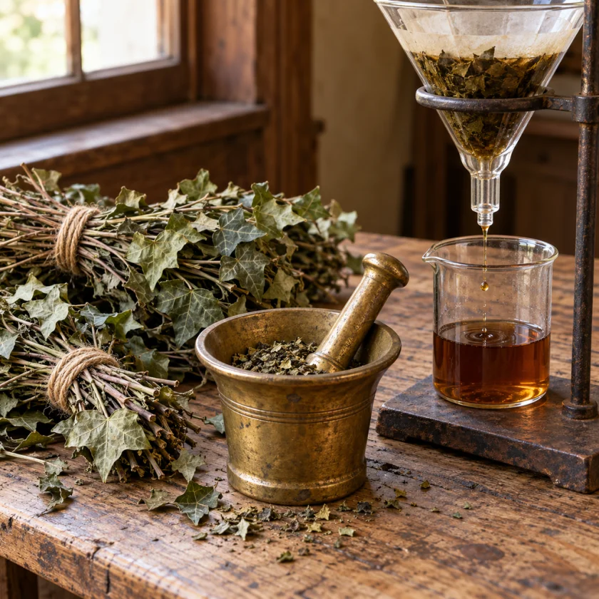 Bundles of dried ivy leaves, a mortar of crushed leaf and a glass funnel dripping brown extract into a beaker