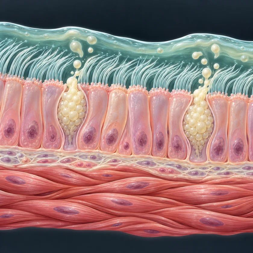 Illustration of ciliated airway cells moving a mucus layer, with goblet cells and smooth muscle below