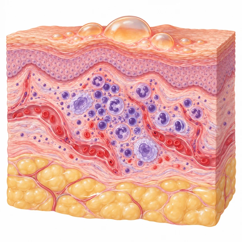 Illustrated cross-section of skin showing blisters in the epidermis and immune cells and dilated vessels in the dermis