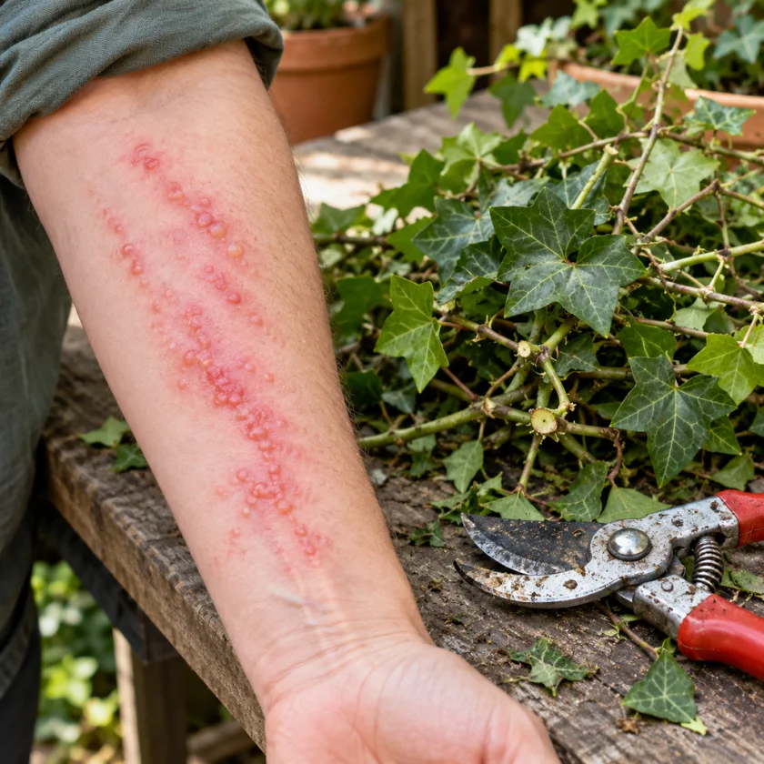 Forearm with a streaky red blistered rash beside pruning shears and cut ivy stems on a potting bench