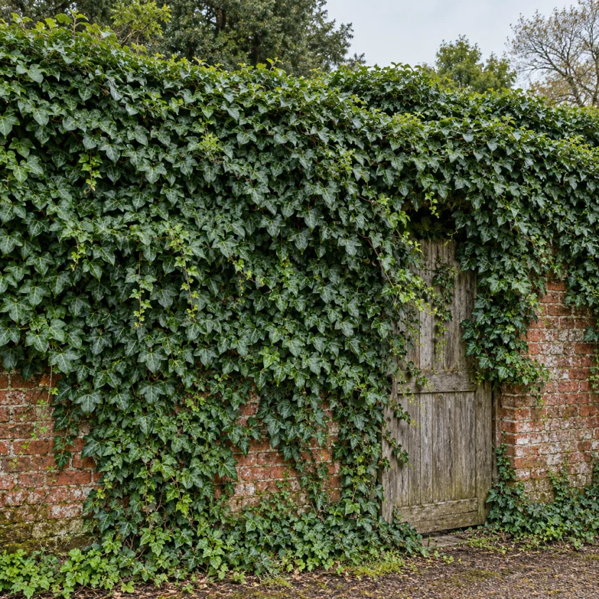 An old brick wall densely covered in glossy dark green ivy around a wooden gate