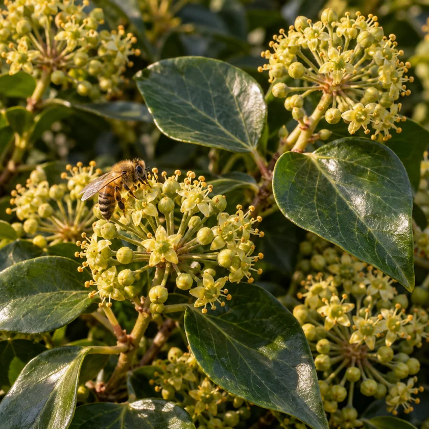 Rounded clusters of small yellow-green ivy flowers among oval glossy leaves with a honeybee