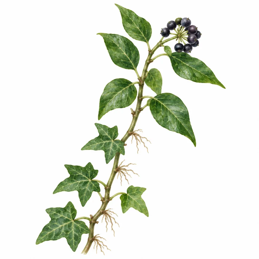 Botanical illustration of an ivy stem with lobed juvenile leaves, aerial rootlets, oval adult leaves and black berries