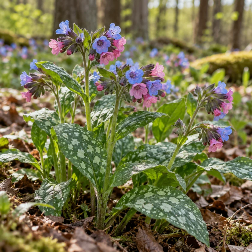 Lungwort plants with white-spotted leaves and pink and blue flowers