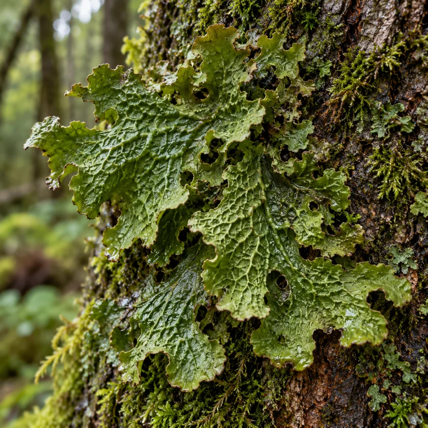 Green ridged lichen lobes growing on mossy tree bark