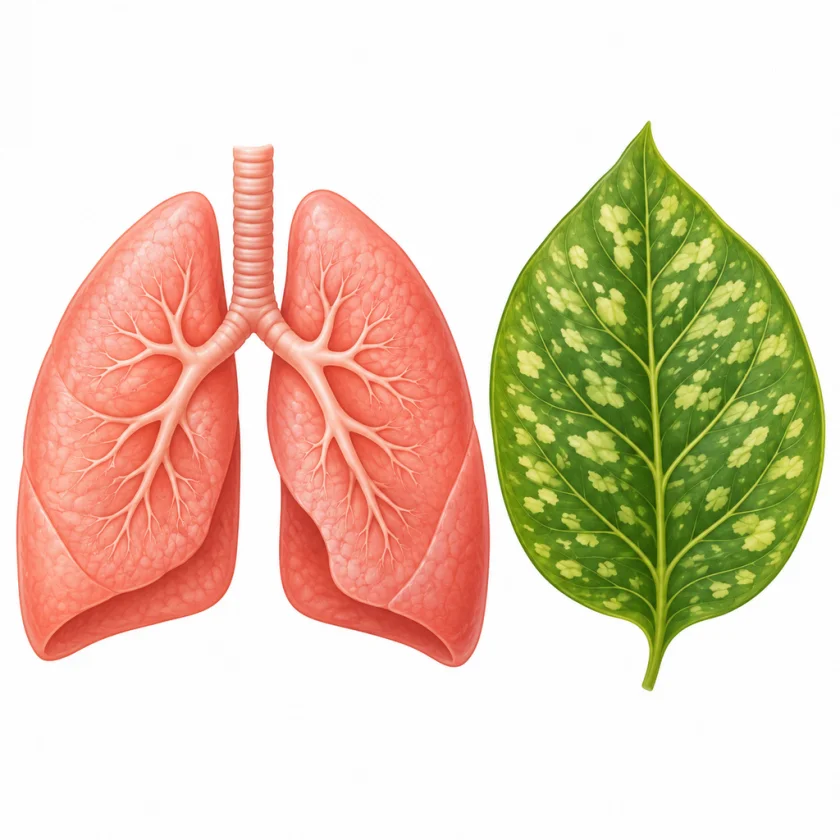 Illustration of a pair of lungs beside a spotted leaf of similar shape