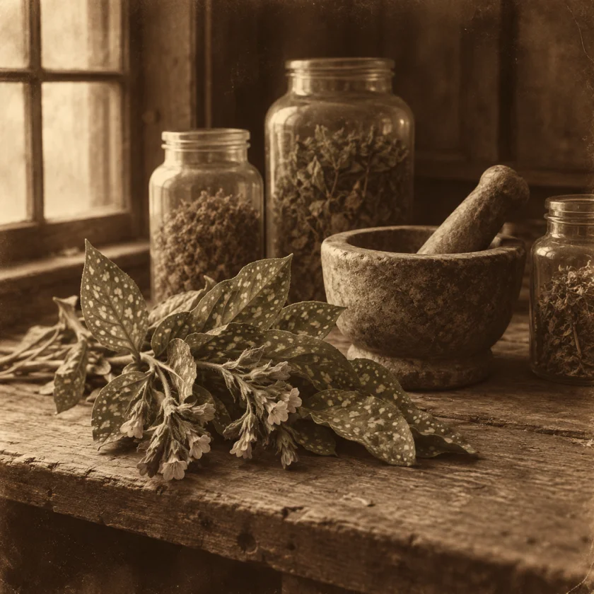 An old herbalist's bench with lungwort