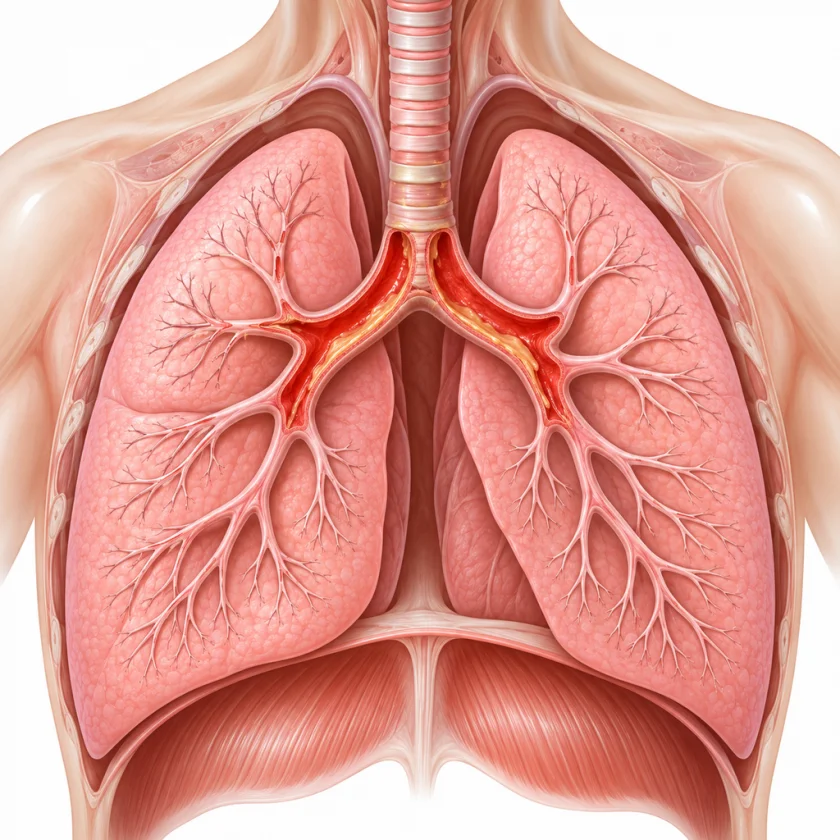 Illustration of the chest airways with the lining of the larger bronchi inflamed and coated in mucus