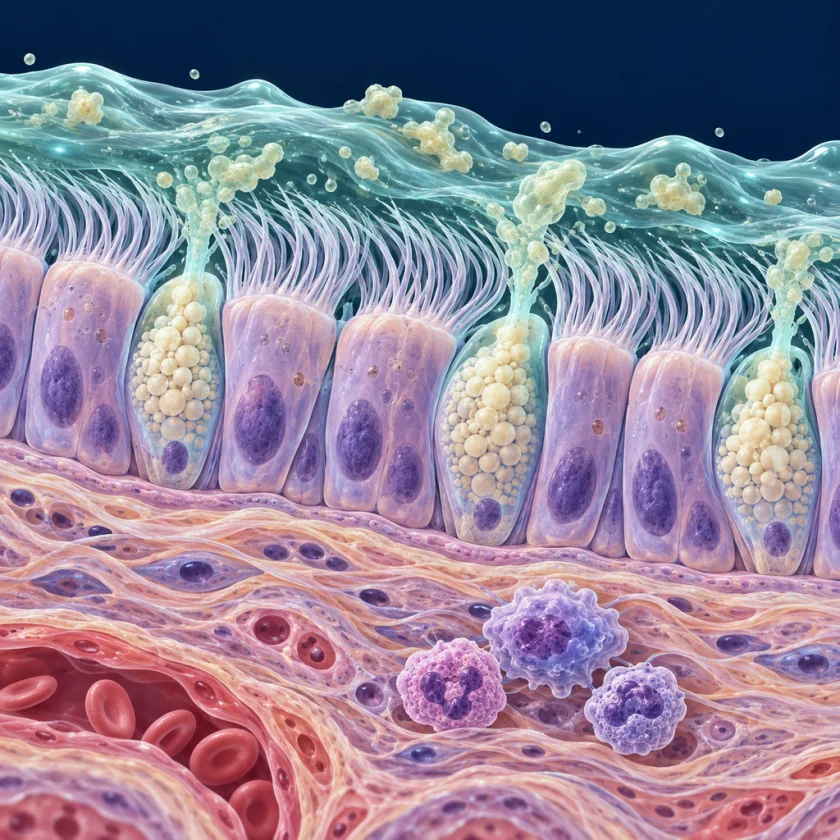 Illustration of a bronchial airway wall with ciliated cells moving a mucus layer and goblet cells