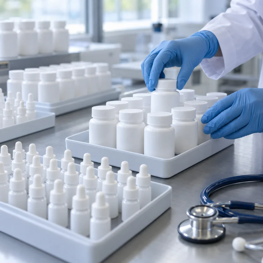 Gloved hands sorting identical unlabelled bottles and vials into trays on a pharmacy bench