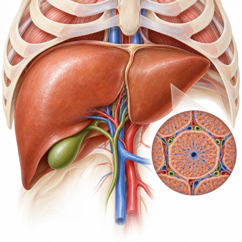 Illustration of the human liver beneath the ribs with a magnified inset of its hexagonal lobules