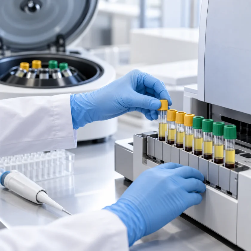 Gloved hands placing blood sample tubes with separated serum into a laboratory analyser rack