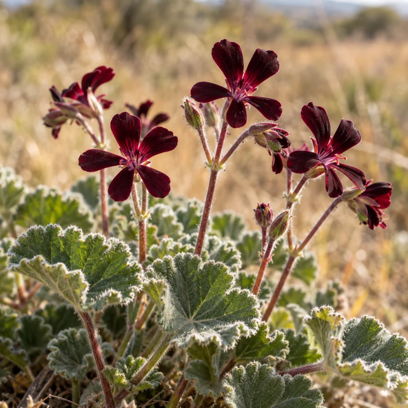 Close-up of small near-black wine-red flowers above velvety heart-shaped grey-green leaves