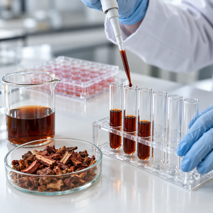 Gloved hands pipetting reddish-brown root extract into test tubes next to dried root pieces