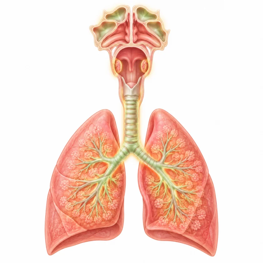 Illustration of the respiratory tract showing sinuses, throat, trachea, bronchi and lungs