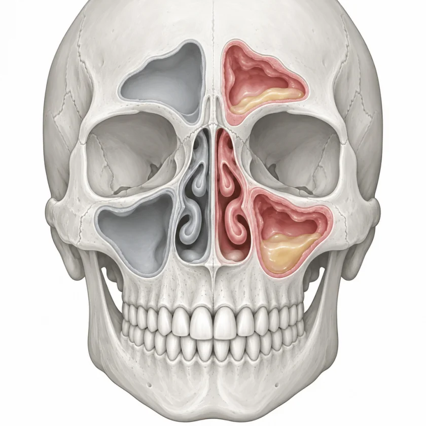 Illustration of the face showing inflamed mucus-filled sinuses on one side and clear sinuses on the other