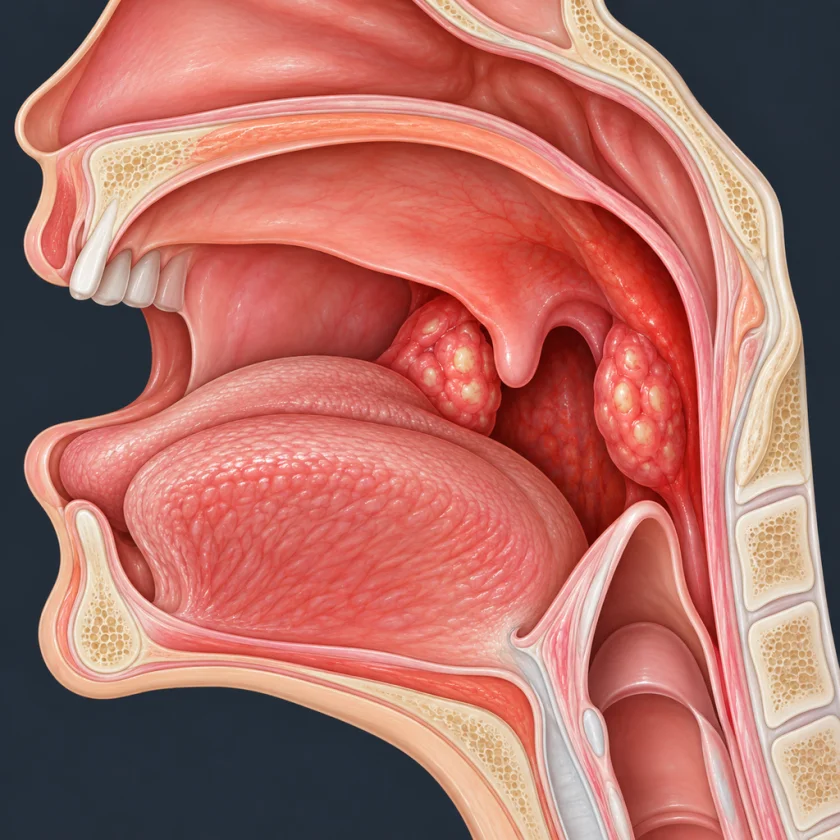 Illustration of the throat with enlarged reddened tonsils and an inflamed pharynx wall