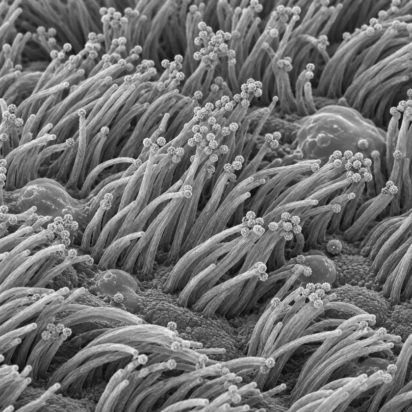 Grayscale electron-microscope style view of nasal cilia with small virus particles and mucus globules