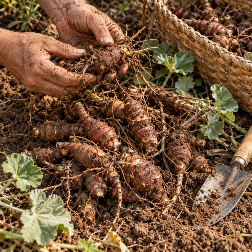 Anonymous hands lifting a knobbly red-brown root beside a basket of freshly dug roots on bare soil