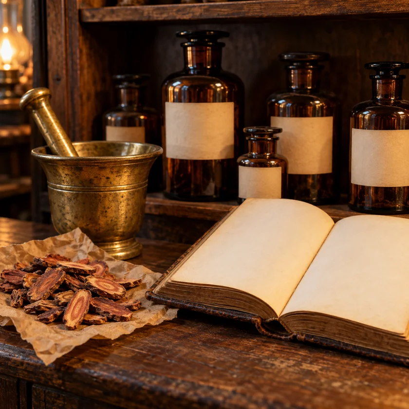 An old apothecary shelf with amber bottles, a brass mortar and dried root slices on brown paper