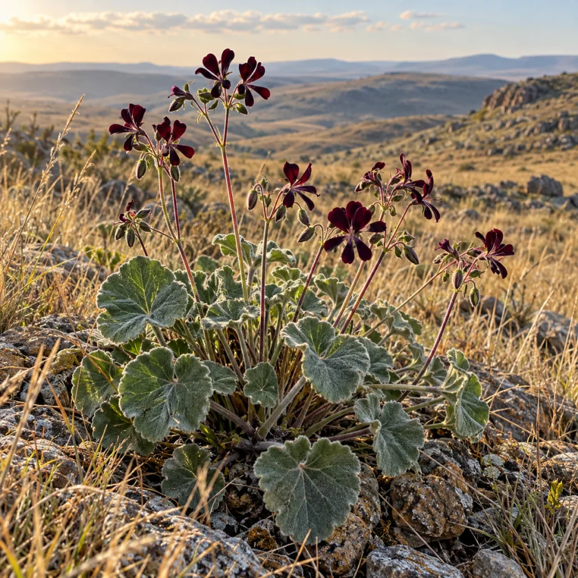 A low rosette of velvety grey-green leaves and small dark wine-red flowers in dry grassland