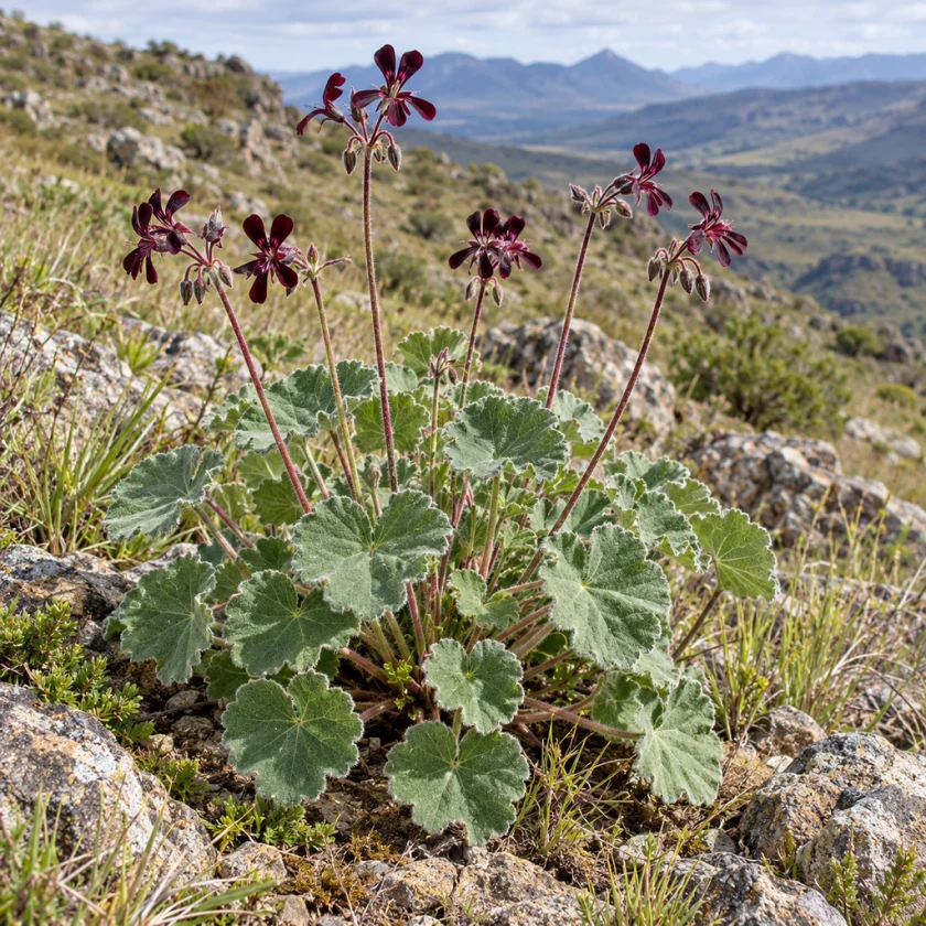 A compact plant with velvety grey-green heart-shaped leaves and small dark wine-red flowers among stones
