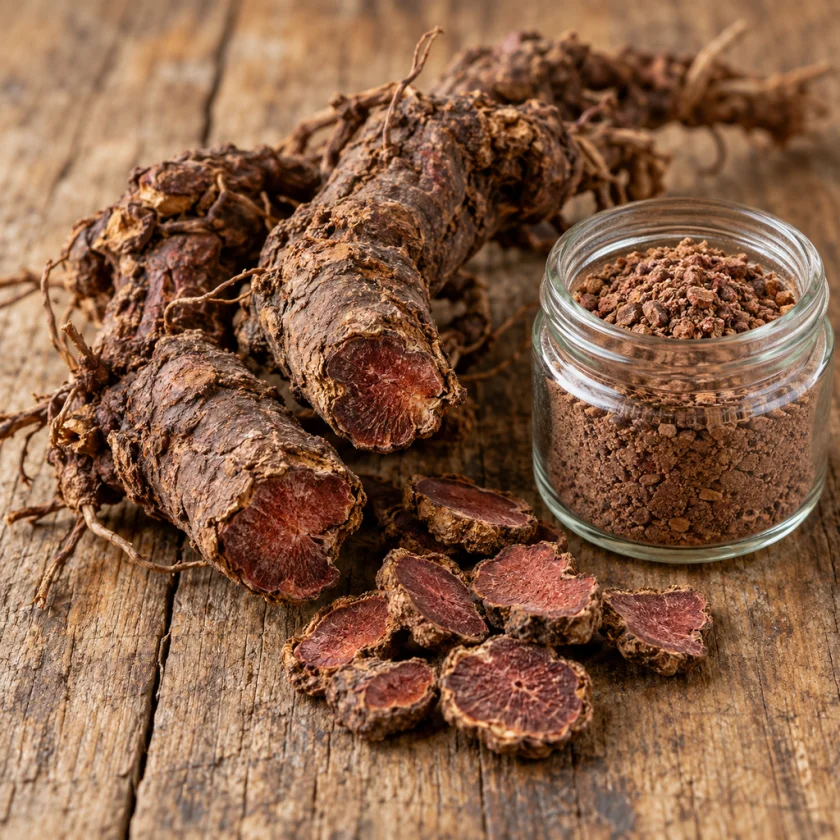 Knobbly red-brown roots and sliced cross-sections on a wooden board beside a jar of root powder