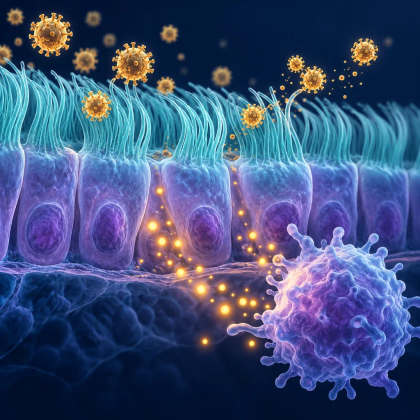 Illustration of airway cells with cilia, virus particles near the surface and a nearby white blood cell