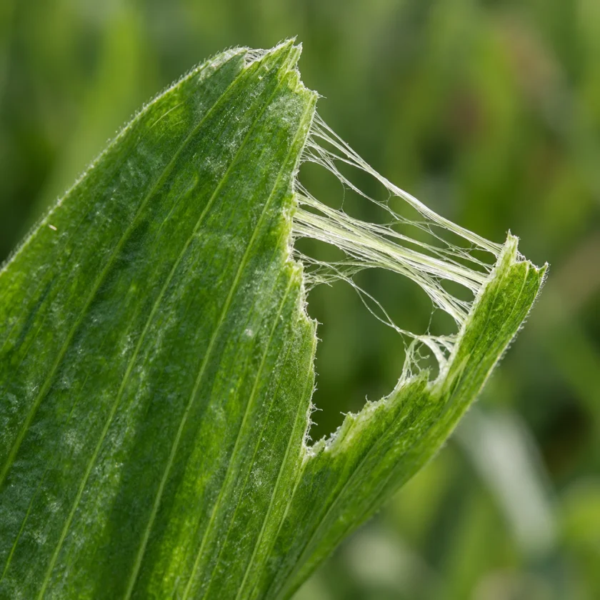 The stringy veins of a torn ribwort leaf
