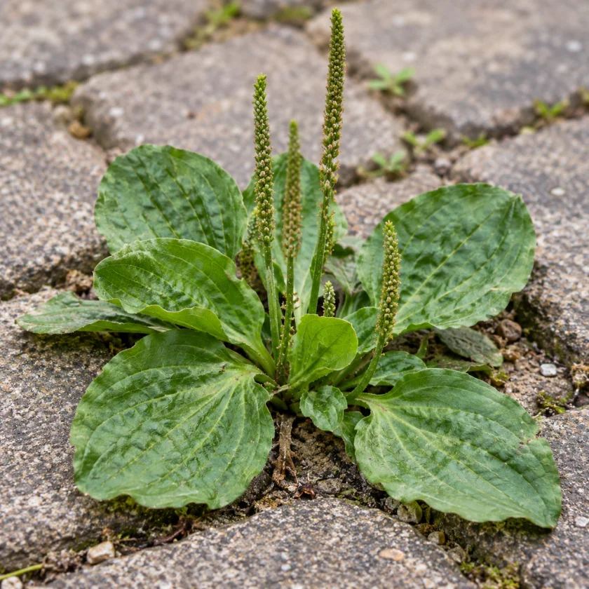 A rosette of broad ribbed plantain leaves growing between paving stones