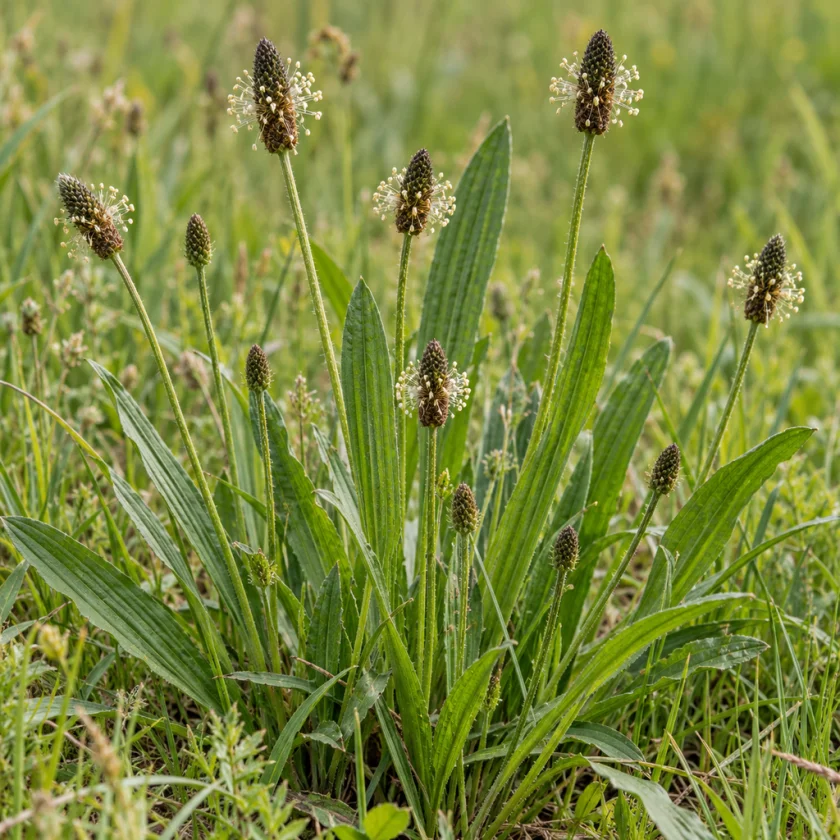 Ribwort plantain with narrow leaves and dark flower heads in a meadow