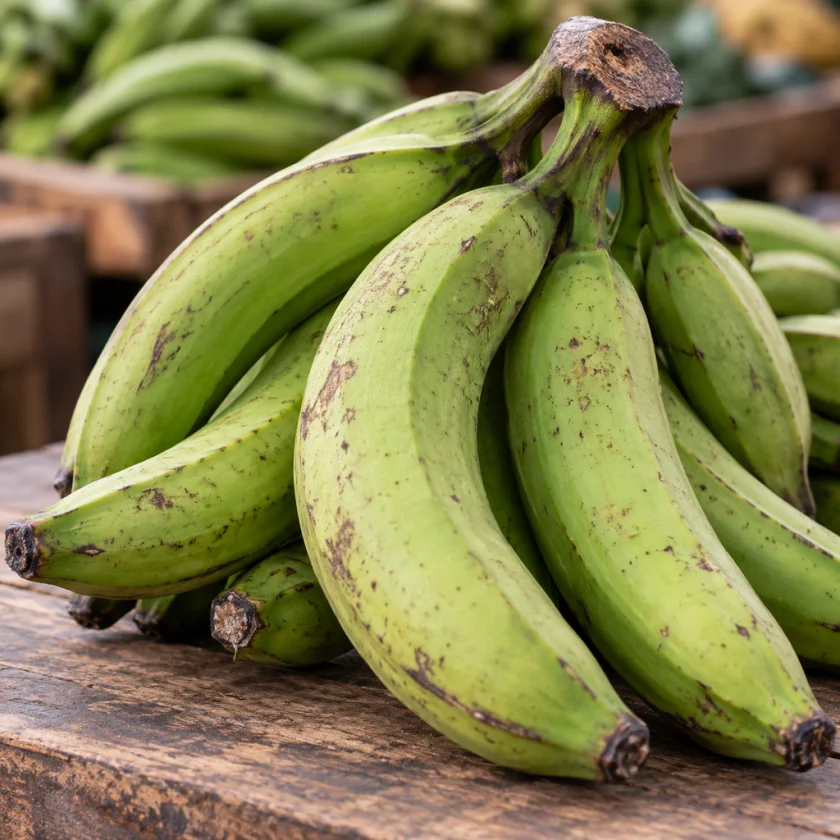 A bunch of large green cooking plantains on a table