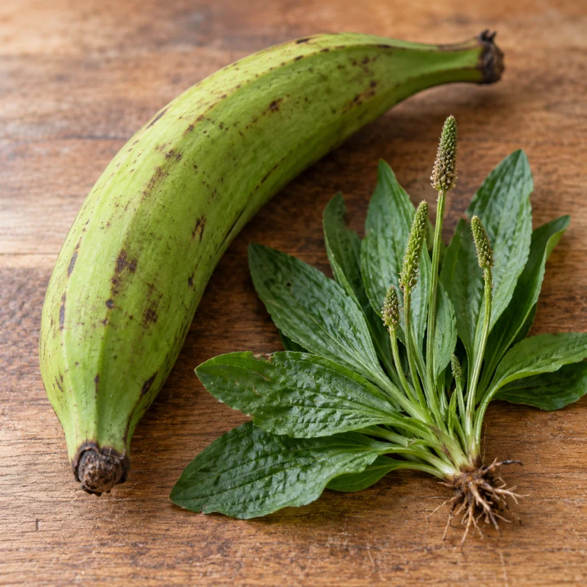 The cooking plantain beside the plantain herb