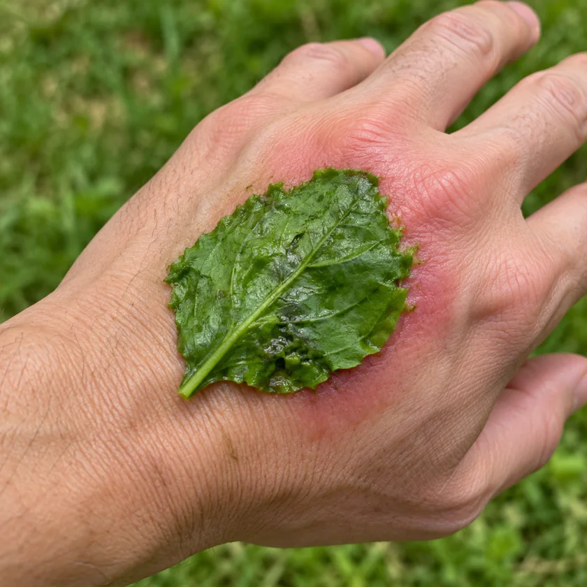 A crushed plantain leaf on a bee sting