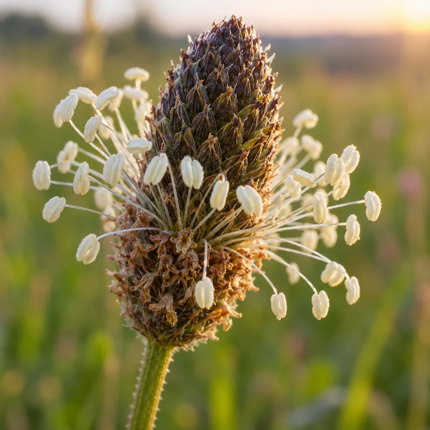 The flower head of ribwort plantain