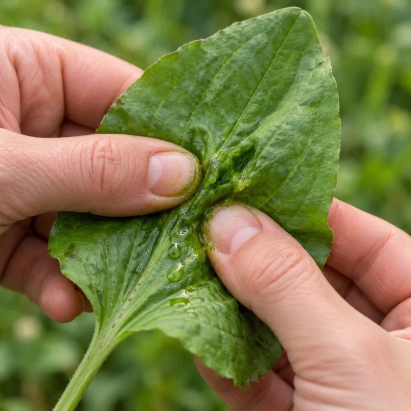 Hands crushing a fresh plantain leaf to release its juice