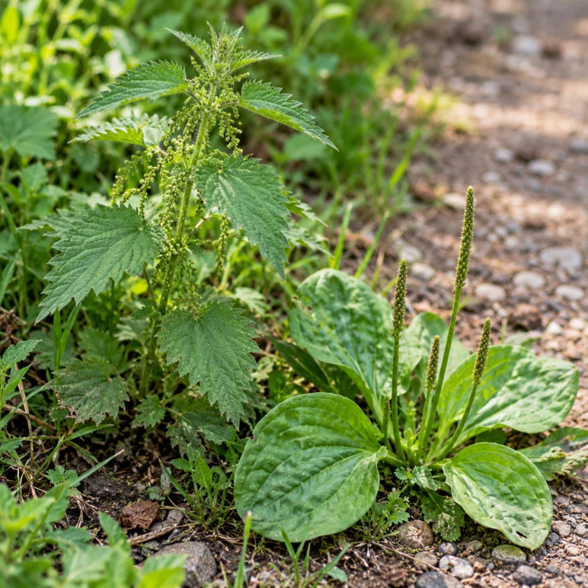 A stinging nettle plant growing next to a broadleaf plantain