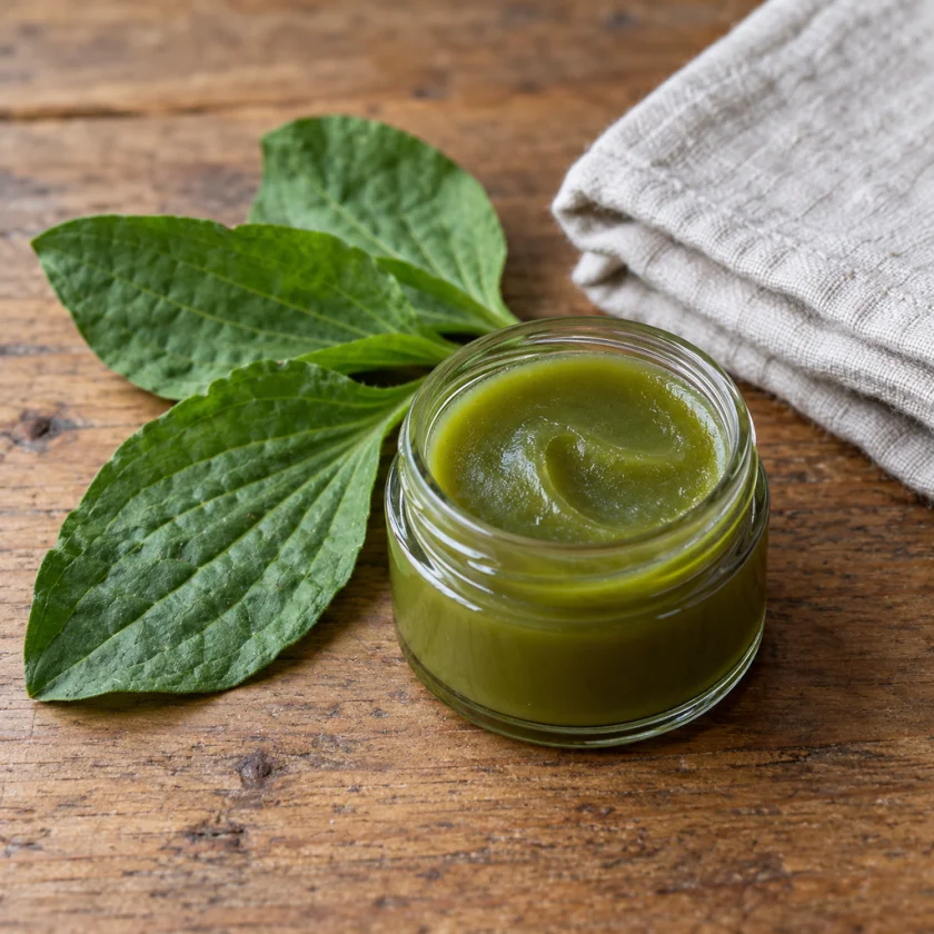 A small jar of green salve next to fresh plantain leaves and a cloth