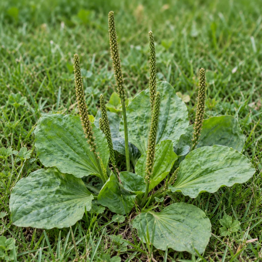 Broadleaf plantain rosette with ribbed leaves and seed spikes in a lawn