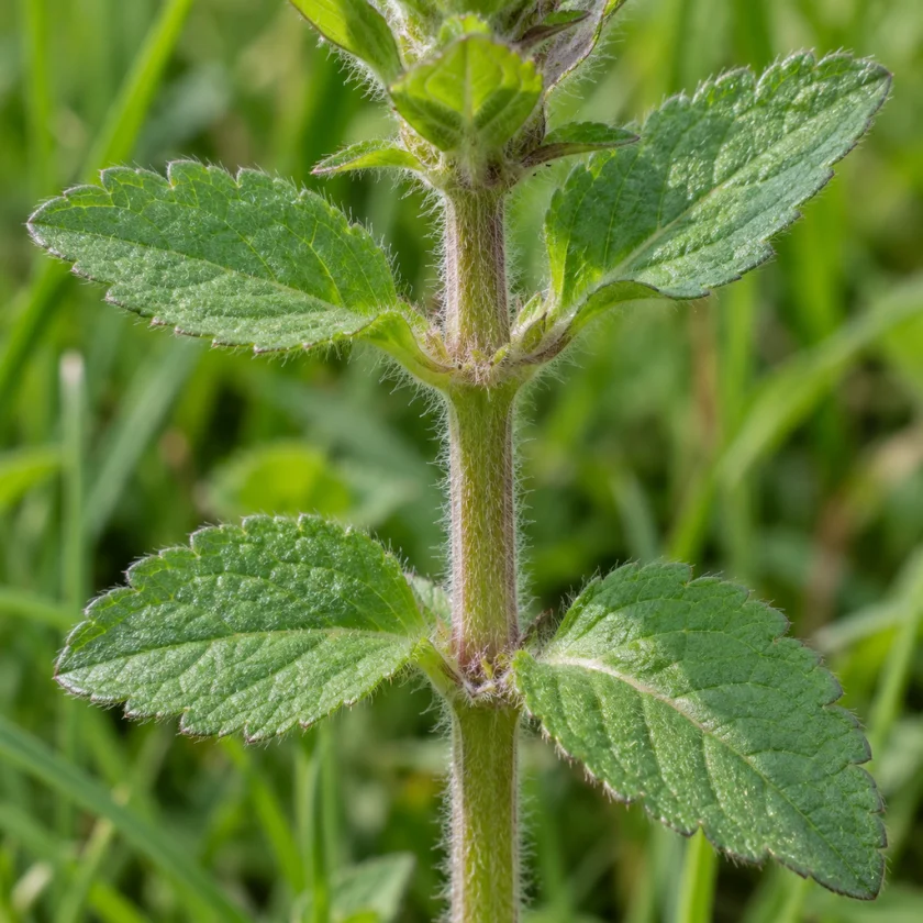 The square stem and paired leaves of self-heal