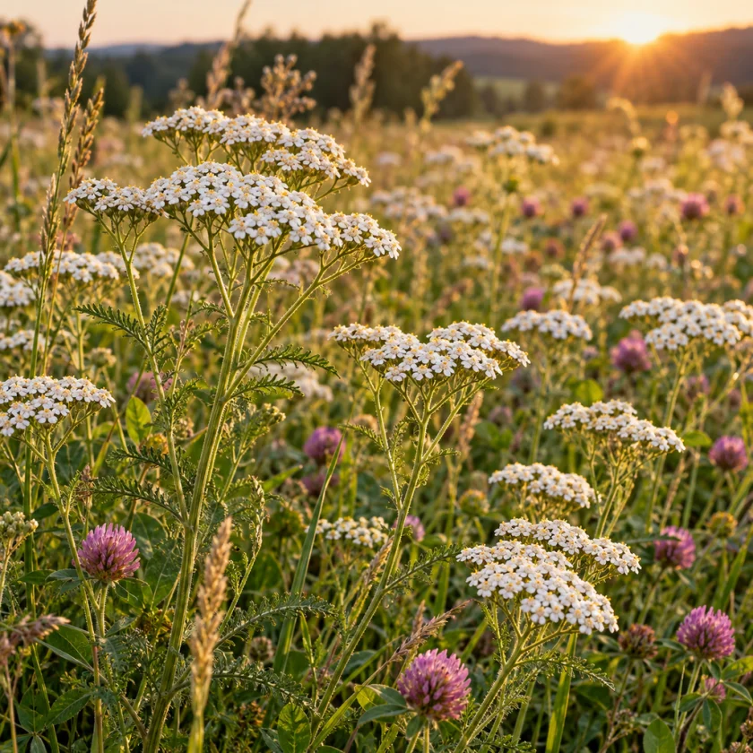 Wild yarrow flowering in a summer meadow