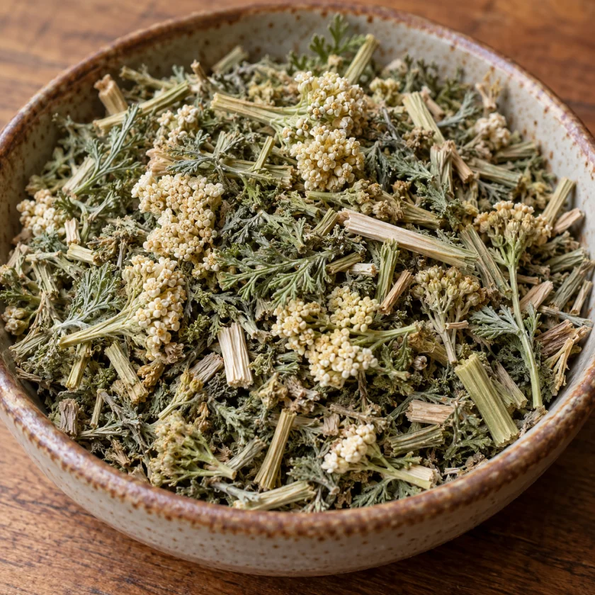 Dried, cut yarrow herb as sold for tea