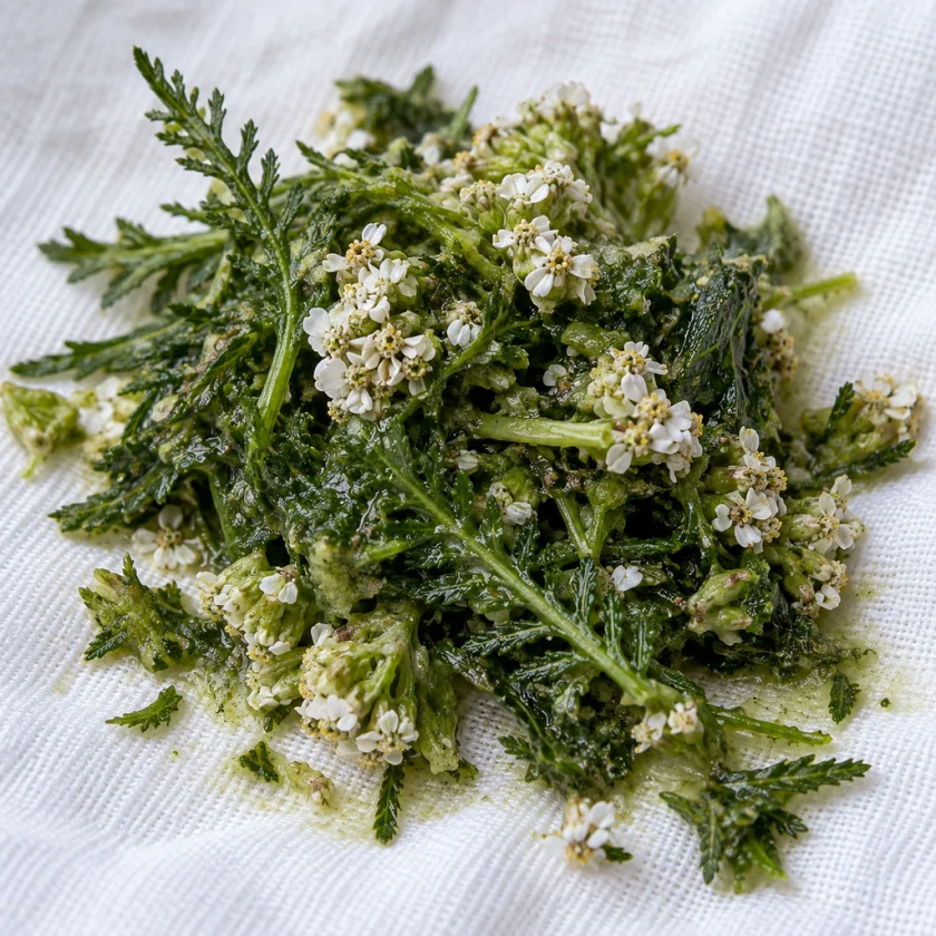 Crushed fresh yarrow, the traditional wound poultice